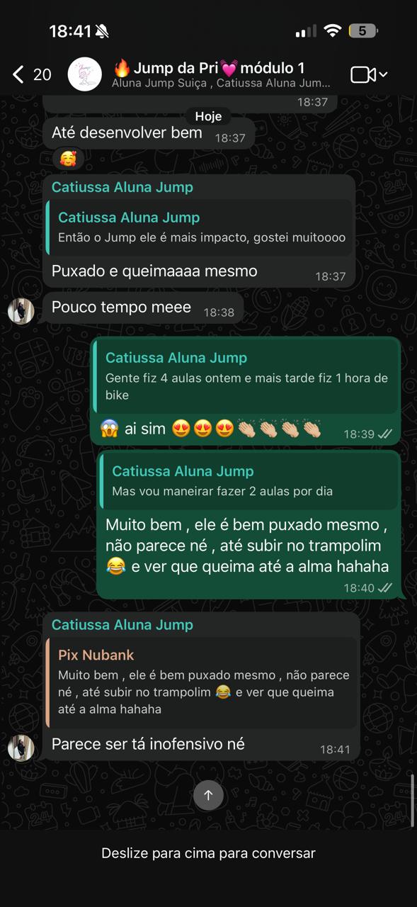 Print de WhatsApp: O Jump tem mais impacto, gostei muitooo. Puxado e queima de verdade.